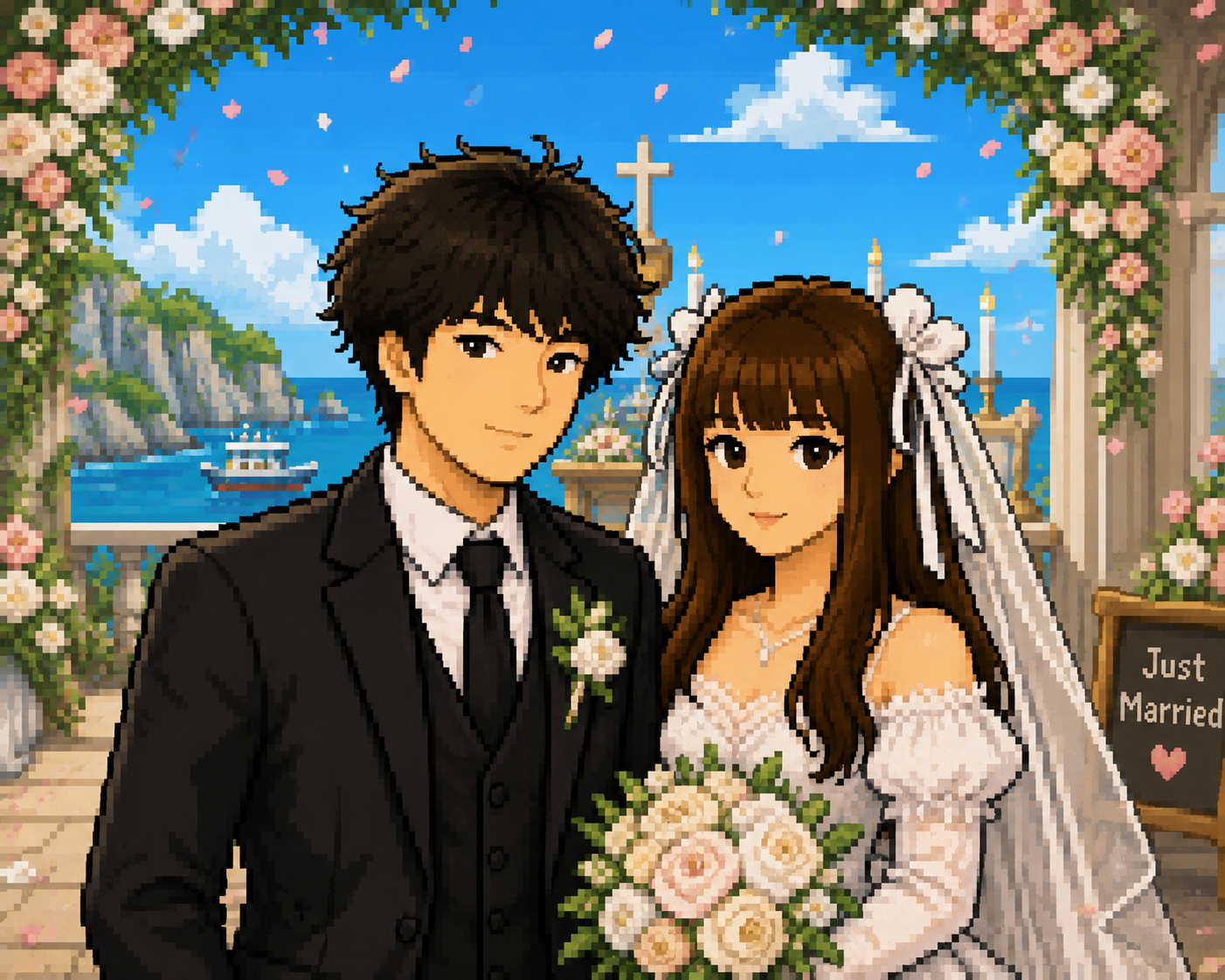 王宇飞与郑越绮像素风婚礼合照